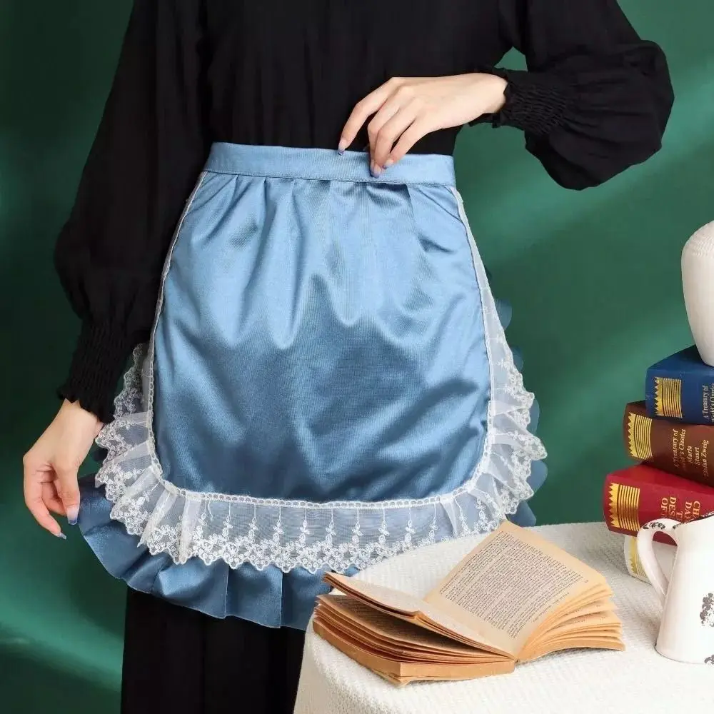 New Ruffle Lace Trim Ruffled Half Apron Water Resistant Anti-fouling Waist Apron Solid Color Women Cooking Half Apron