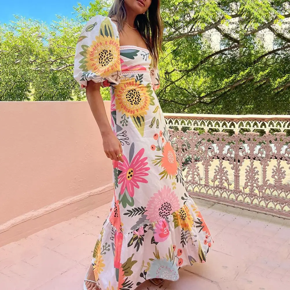 Vestido maxi estampado floral, decote quadrado, mangas de lanterna, silhueta em linha A para férias, baile ou festa, largo, quadrado