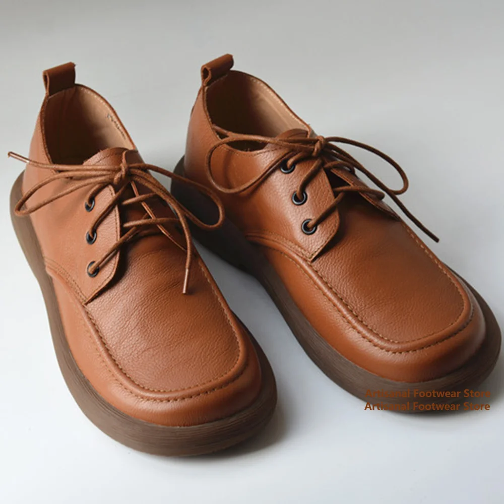 

Thick Sole Leather Casual Shoes Height Increasing Anti Slip Round Toe Derby Shoes Trendy Handmade Breathable Men's Shoes