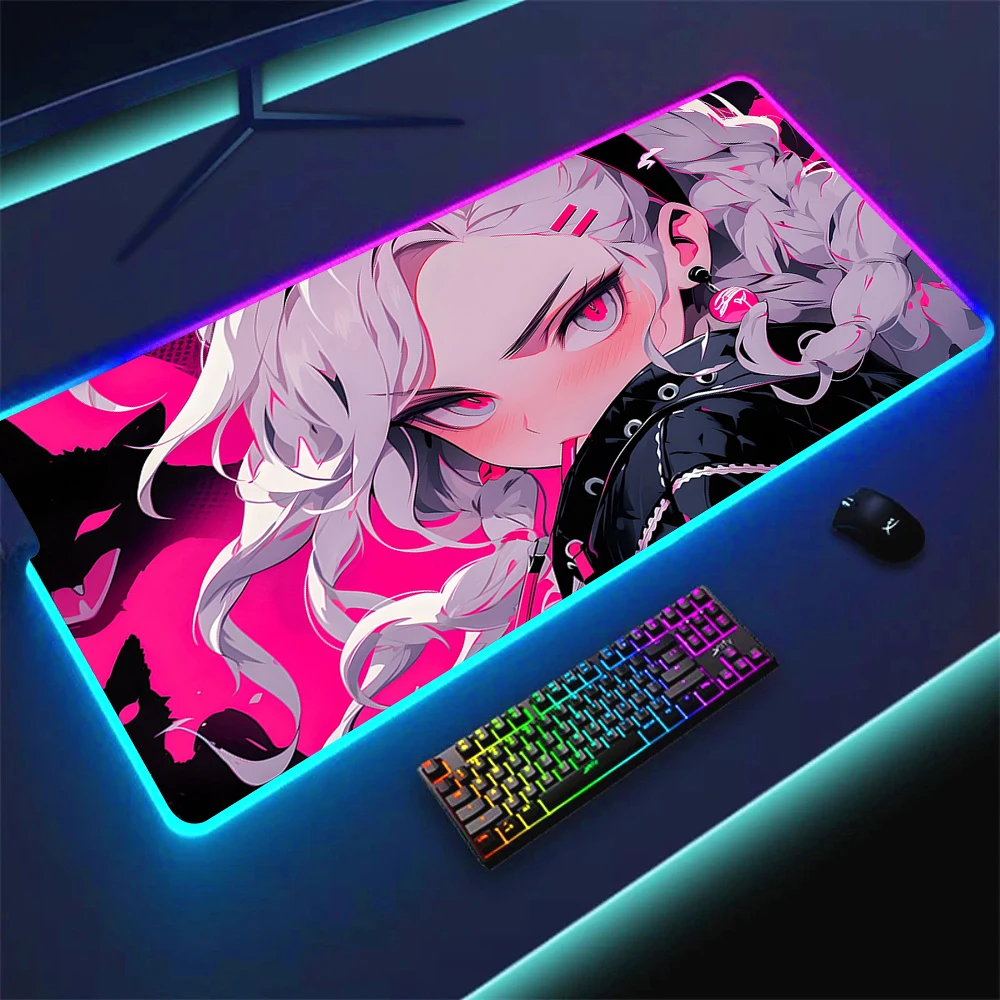 Gaming RGB Mousepad Pc LED Aniem Girl Cat Mouse Pad Rubber Non-slip Pads Big Xxl Desk Mat Luminous Keyboard Pads With Backlight