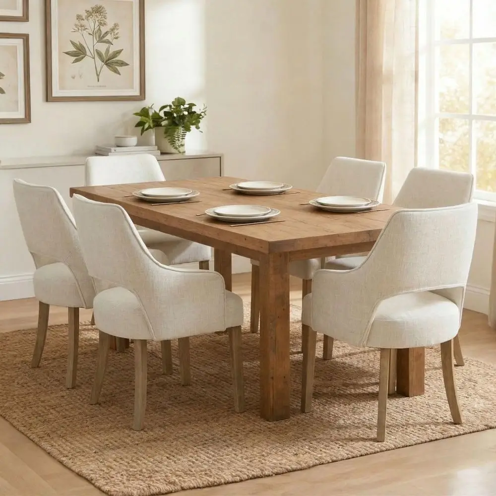 

Upholstered Dining Chairs Set of 6, Linen Fabric Dining Room Chairs with Arms, Solid Wood Kitchen Side Chairs for Dining Living