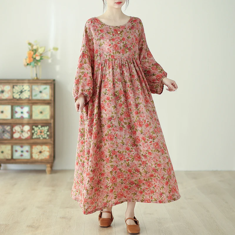 2024 Spring Summer Lantern Sleeve Printed Vintage Flower Dress Women Oversize Casual Seaside Vacation Long Dress X967