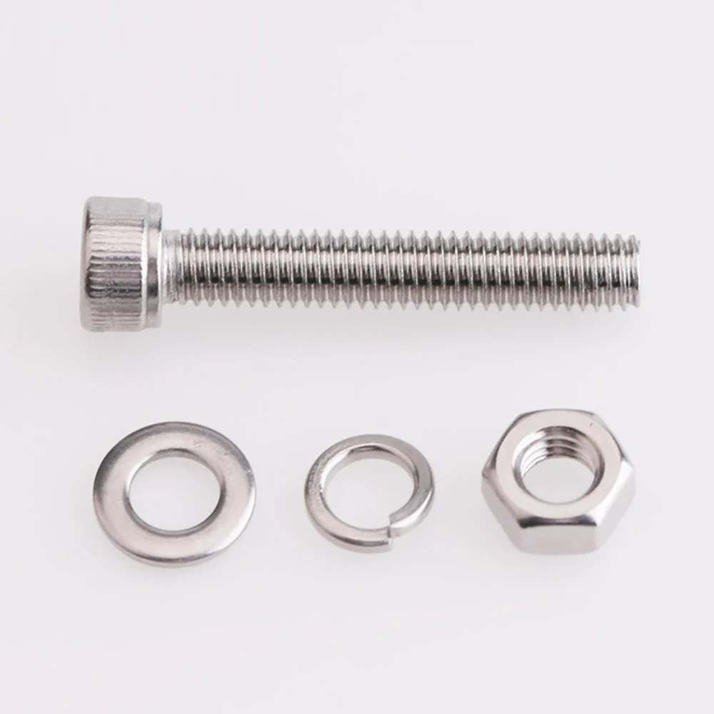 M12xP1.75 Stainless Steel Knurled Cap Head Hexagon Socket Bolt Three Combination Screw with Plain Washer Spring Washer and Nut