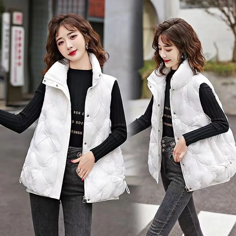Women's Down Cotton Waistcoat Loose Fit Fashion Stand-up Collar Versatile Casual Korean Style Kangshan Outerwear Black