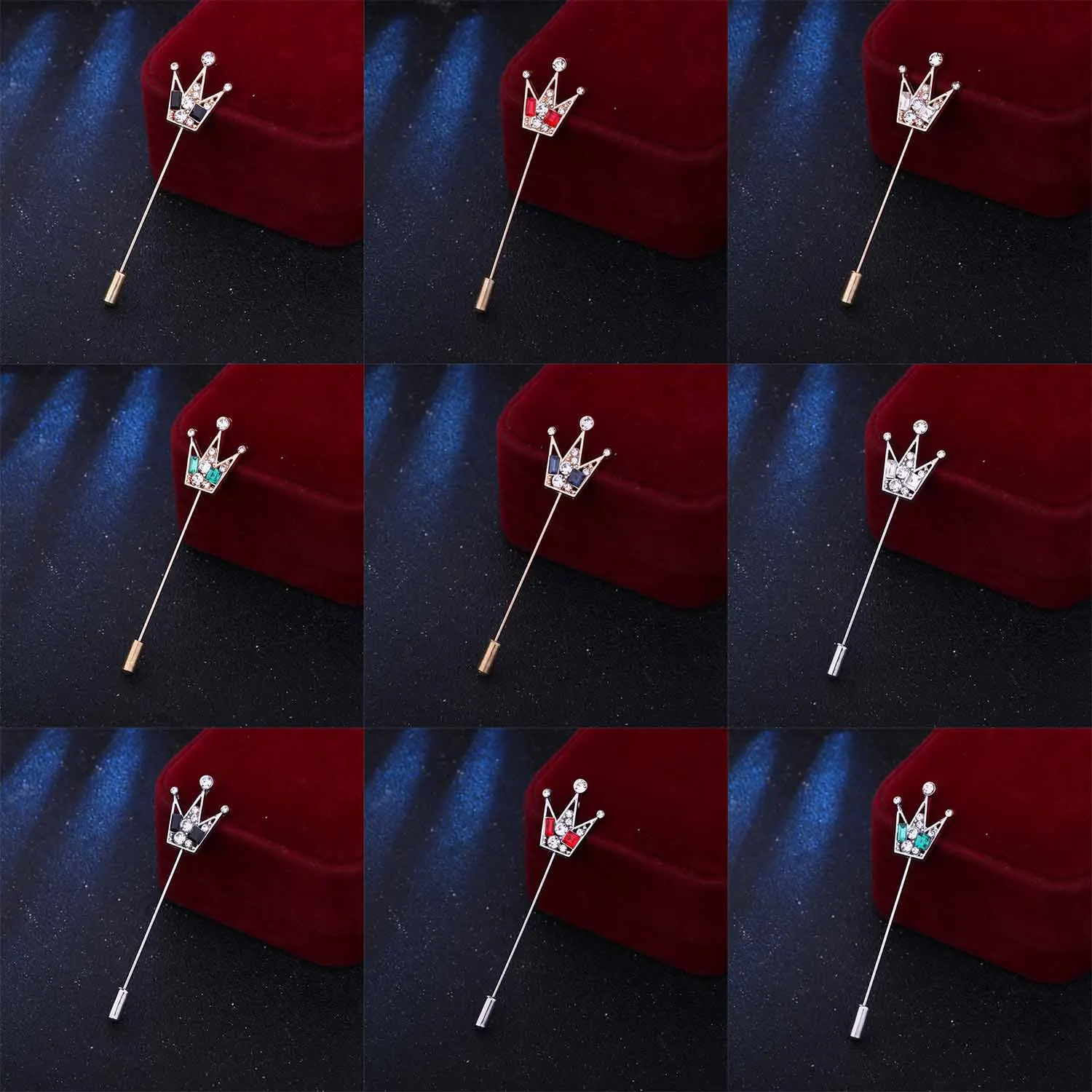 Fashion Crown Brooch Crystal Long Needle Lapel Pins for Men and Women Scarf Buckle Corsage Wedding Jewelry Accessories
