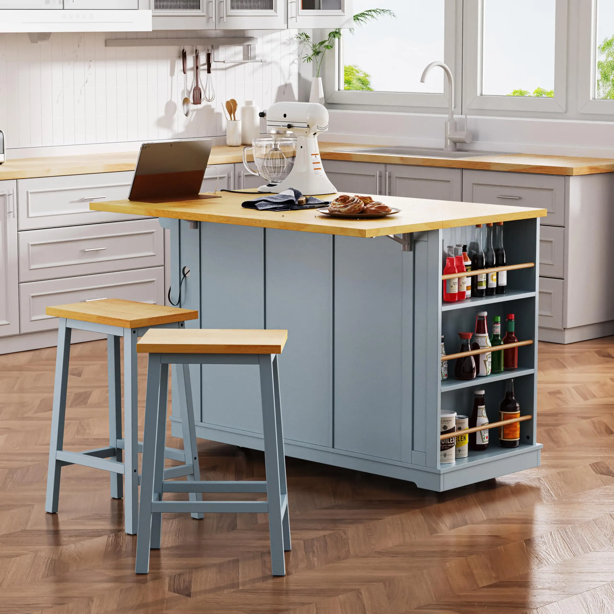 53inch Kitchen Island with 2 Bar Stools,Power Outlet, Internal Storage Rack,Kitchen Storage Cart On 5 Wheels with Drop
