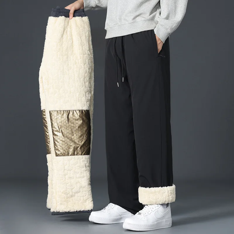 

Men Winter Graphene Knee Pads Worn Fleece Pants Thickened Slacks Snow Windproof Waterproof Drawstring Solid Color Warm Trousers
