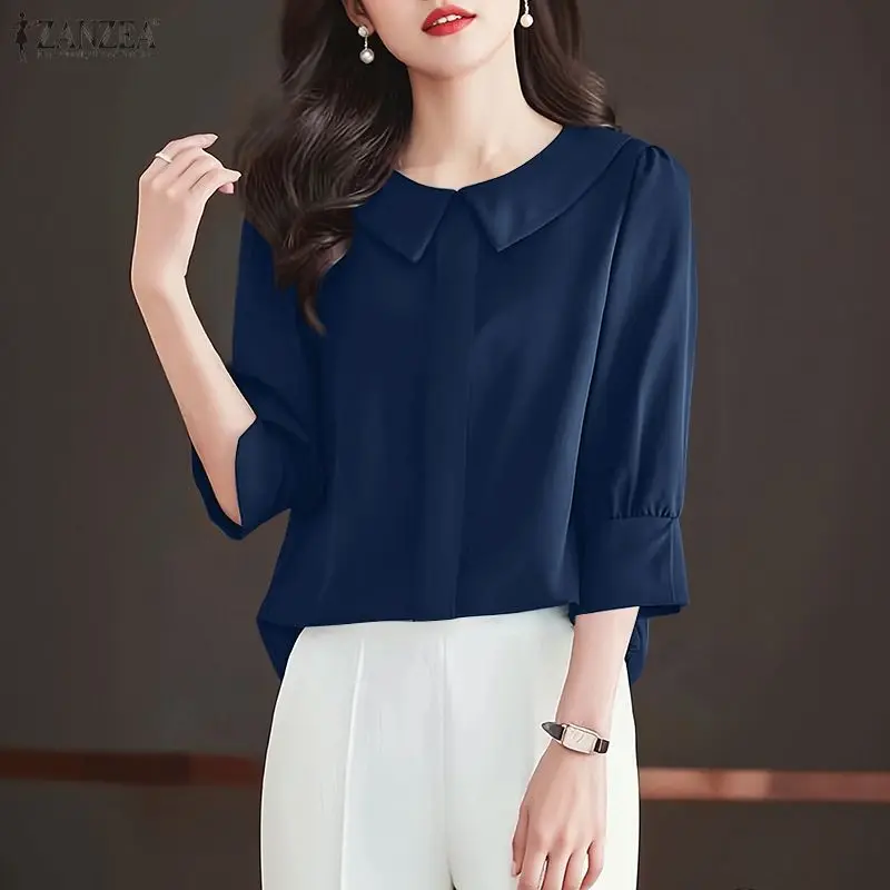 

ZANZEA Summer Woman Satin Silk Blouses Vintage Peter-Pan Collar 3/4 Puff Sleeve Solid Color Tops Elegant Classy Blusas de Mujer