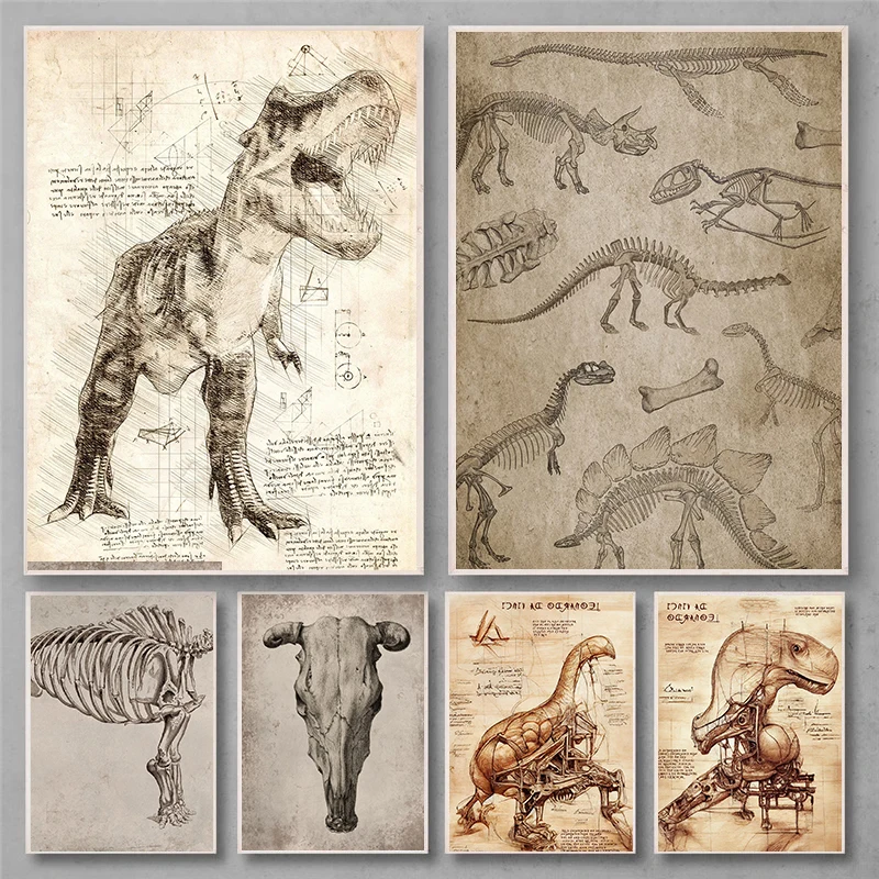 Classic Retro Mysterious Fossil Skeleton Dinosaur Art Poster Canvas Print Wall Art Pictures Living Room Bedroom Home Decorati