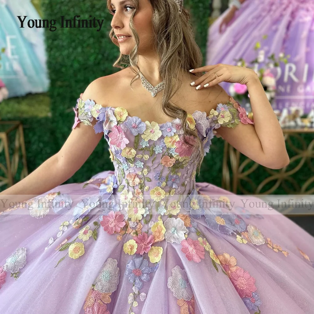 Lavender Shiny Quinceanera Dress Ball Gown Mexican 3DFlowers Applique Lace Off the Shoulder Sweet 16 Princess Vestidos De XV Ano