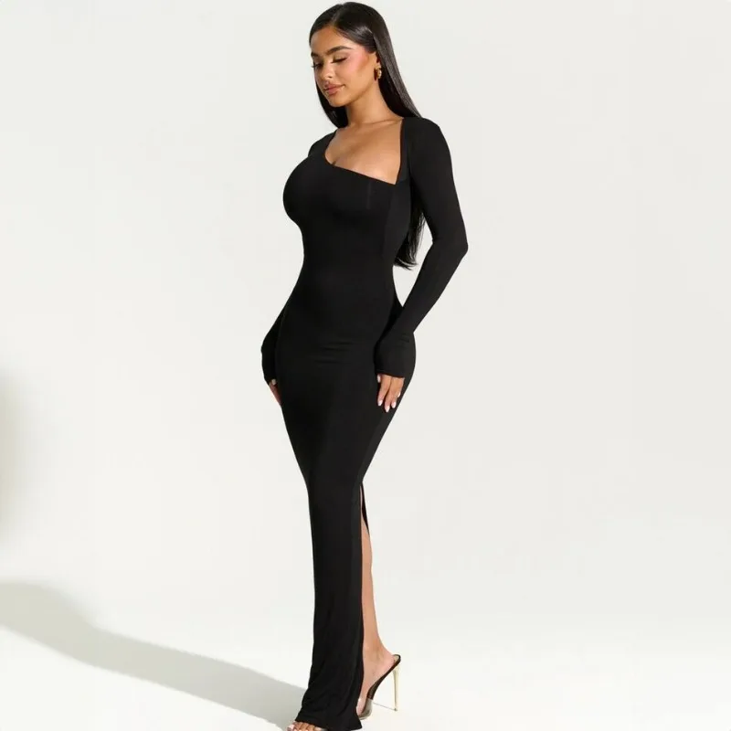 Autumn New European American Women's Long-sleeved Slope Neck Slim-fitting Back Slit Fashion Dress