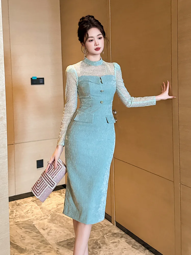 Autumn and Winter New Women's Clothing Small Fresh Temperament Round Neck Mesh Splicing Slim Velvet Dress