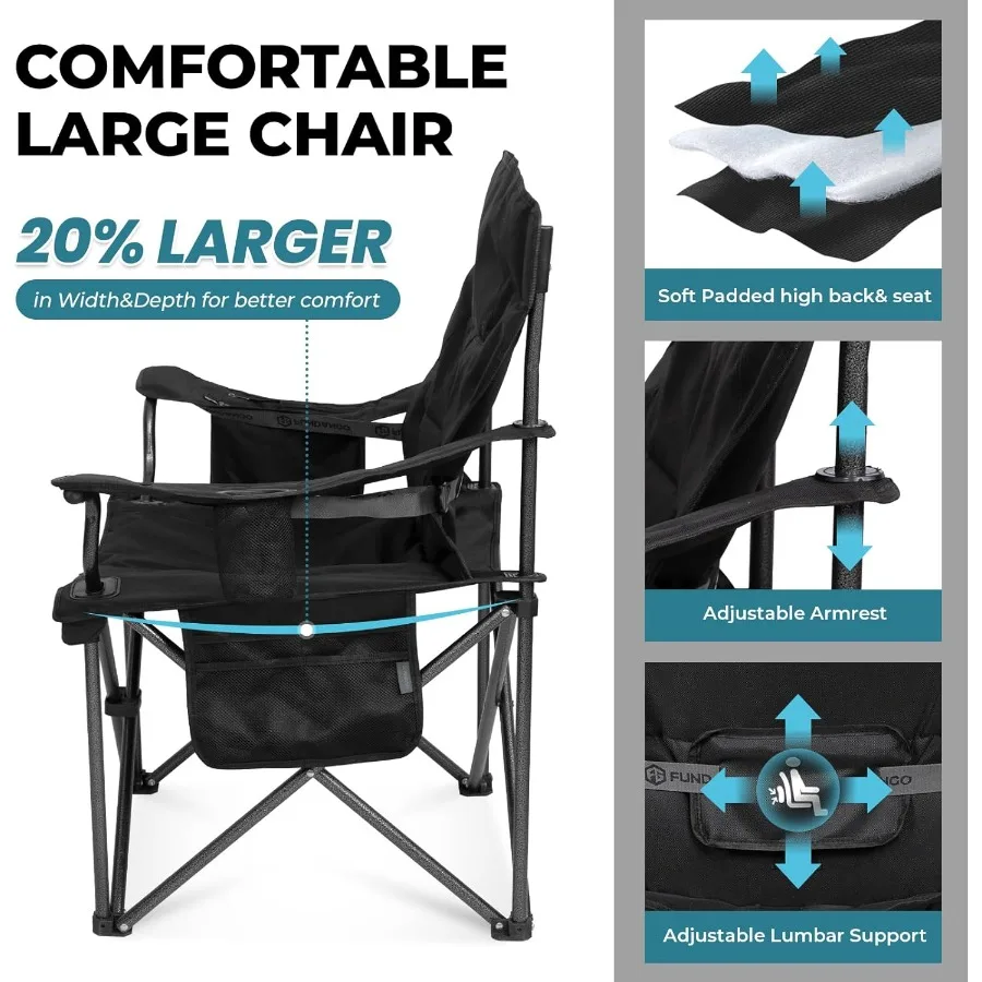 كرسي تخييم كبير الحجم للبالغين، عبوة من قطعتين كرسي حديقة محمول عالي التحمل وقابل للطي مع مقعد مبطن ودعم قطني خلفي 4can Coo #4