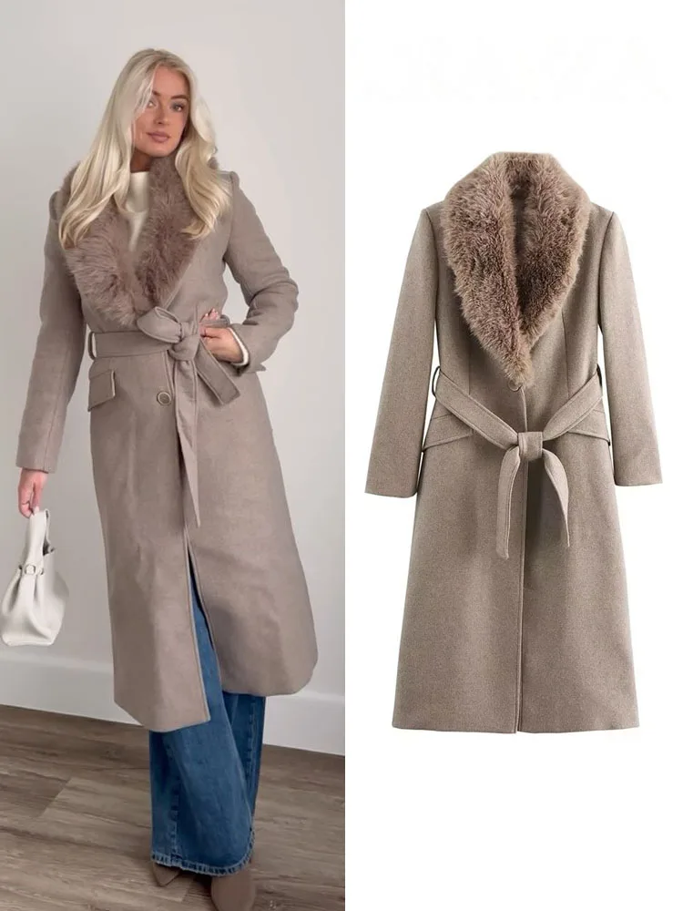

HH Autumn Woman New Fashion Fur Collar Belt Decorate Jacket Coat Woman Winter Chic Long Sleeve Pocket Casual Outerwears