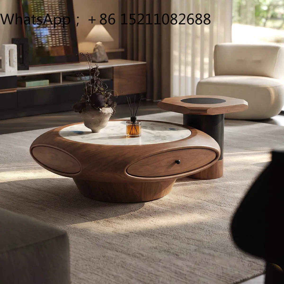 SCY vintage-style coffee table for living room, small home, high-end microcrystalline stone irregular coffee table combination