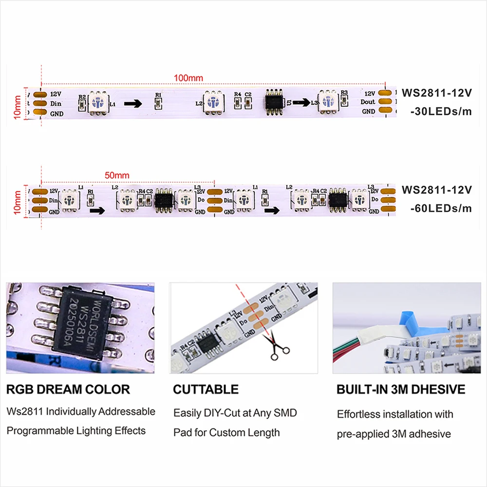 WS2811 SPI Addressable RGB LED Strip Kit DC12V Bluetooth APP Remote 30/60LEDs/m Power Adapter 1m-5m Decor Light