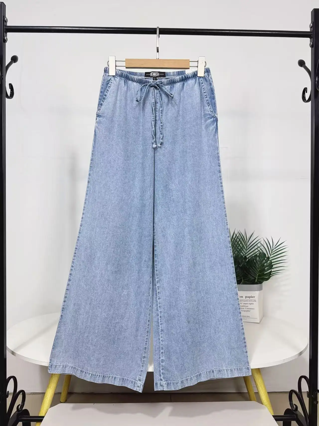 

Simple Elastic Drawstring Waist Wide Leg Jeans Long Pants Lenzing Lyocell Cotton Loose Fit Spring Season Girls Denim Trousers