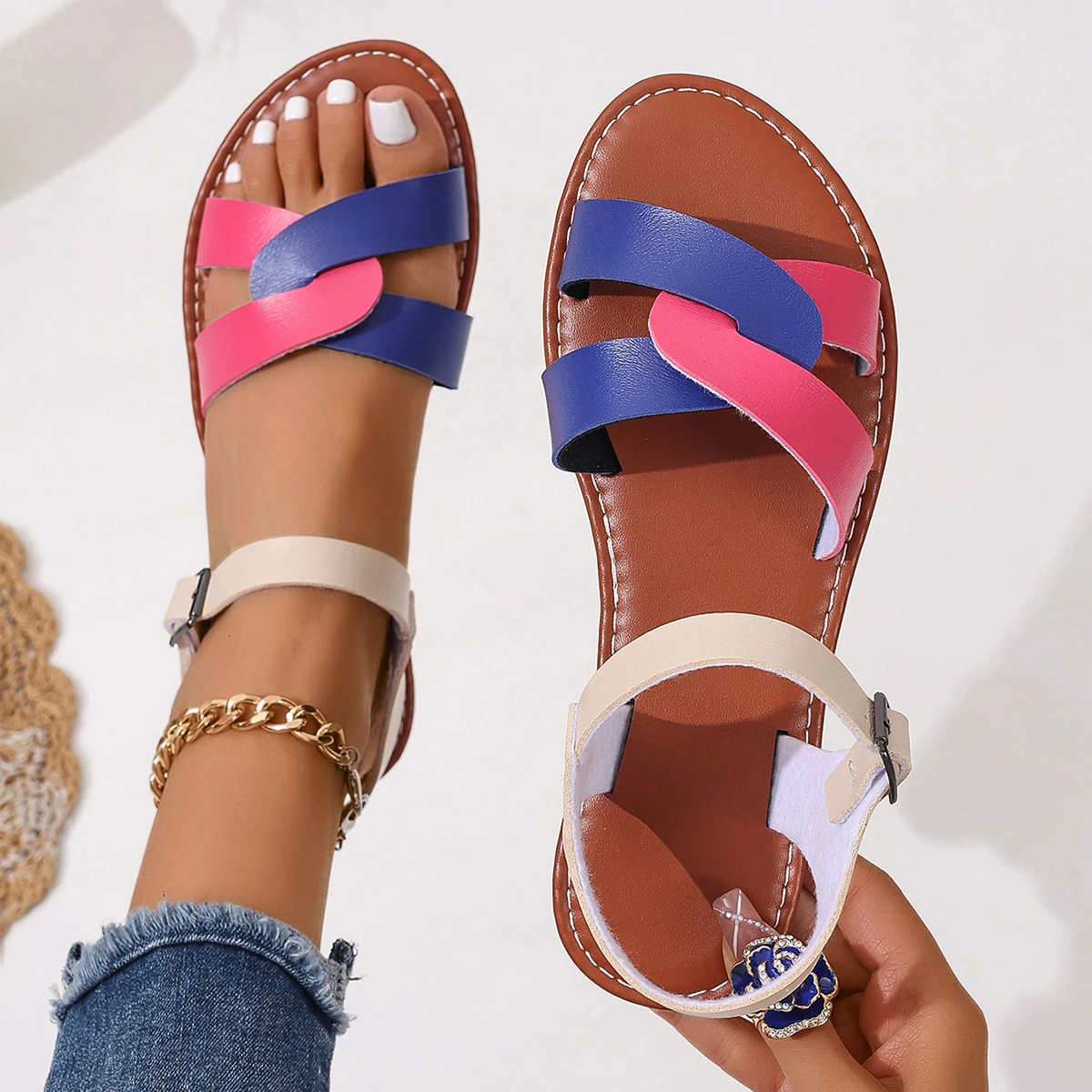 Summer Roman Sandals Fashion Colorful Comfortable Dress Shoes Women Simple Type Open Toe Flat Sandals Big Size Women Shoes