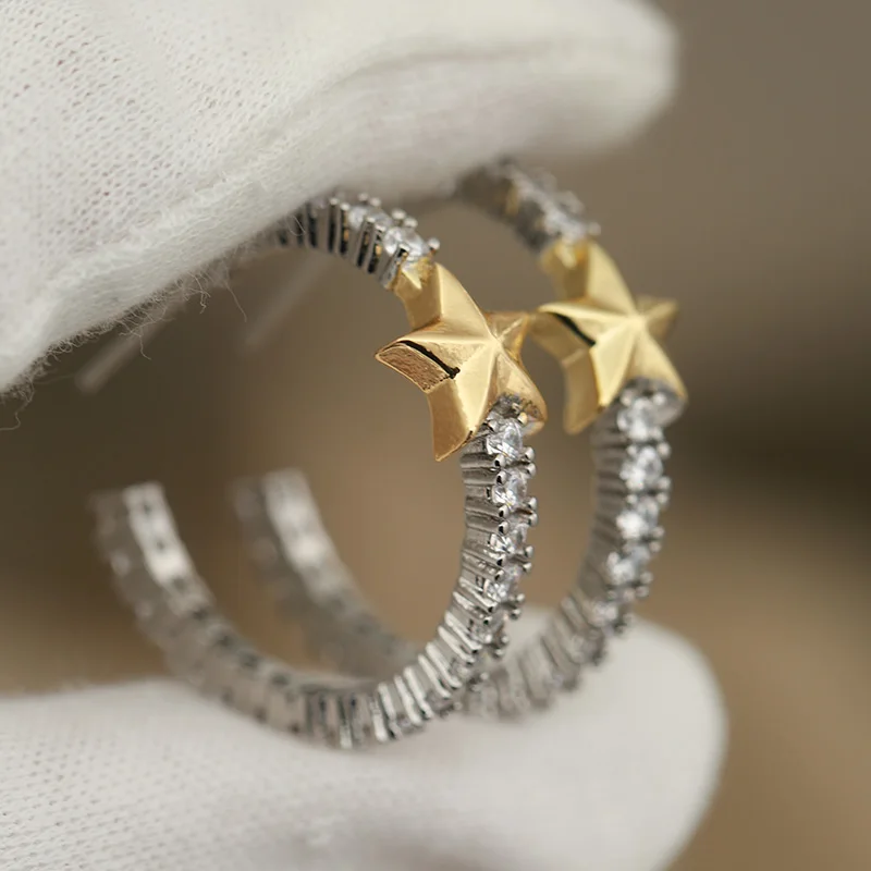 New Sight Design Luxury Zirconia Star Stud Earrings for Women Fashion Brand Brand Jewelry C Shaped Earrings Gift