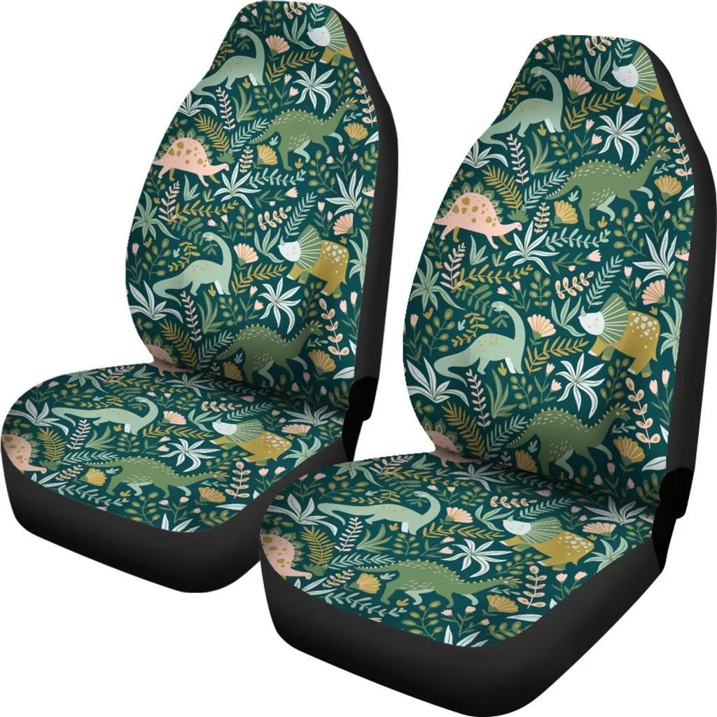 Dino Dinosaur Flower Leaf Pattern Print Seat Cover Car Seat Covers Set 2 Pc, Car Accessories Car Mats