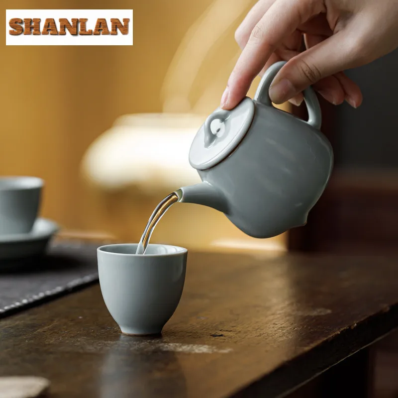 110ml Sky Blue Ru Kiln Porcelain Teapot Tea Infuser High Stone Spoon Pot Tea Soaking Kettle With Strainer Puer Tea Ceremony Gift