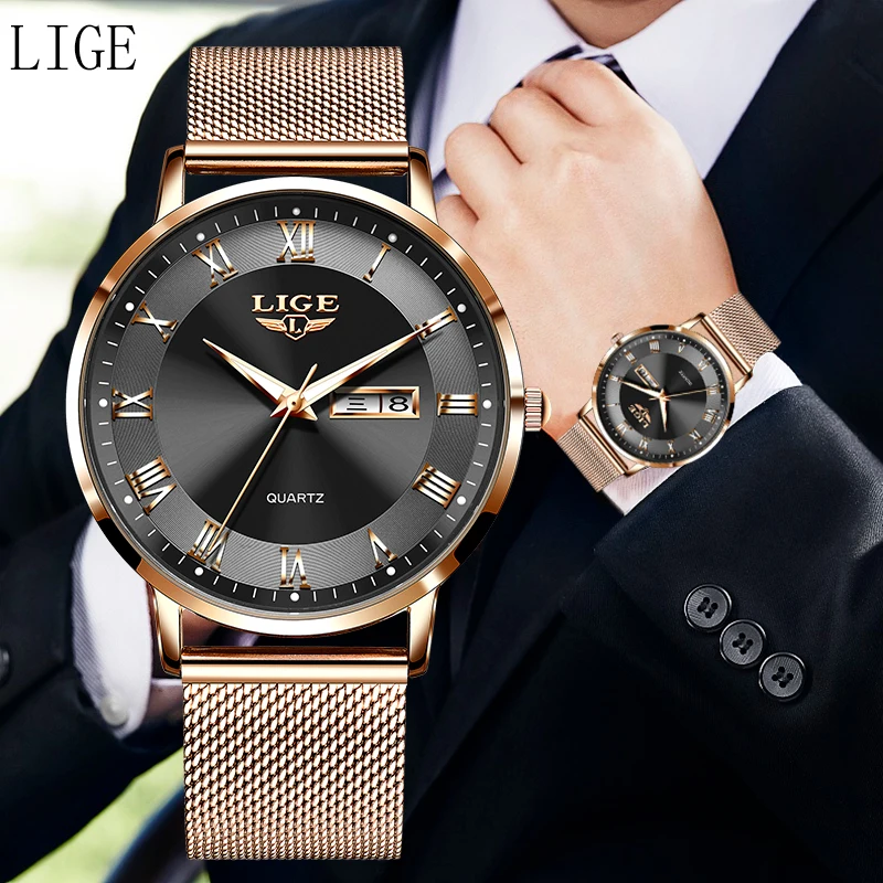 LIGE Fashion Luxury Quartz Watch for Men Casual Mesh Belt Date Week Ultra Thin Men\'s Watches  Elegant Male Clock Reloj Mujer+Box