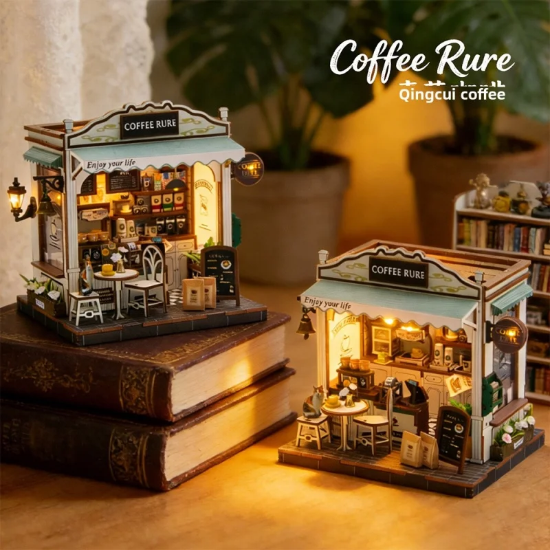 Coffee Shop DIY Miniature Cottage Model Handmade Puzzle Toy Mini Dollhouse Desktop Scene Decoration