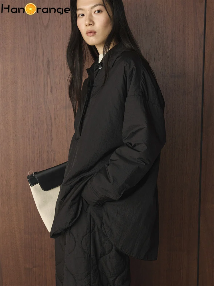 HanOrange 2026 Winter Simple Fashion Dark Grid Parkas Women Loose Comfortable Quilted Coat Black/Light Apricot