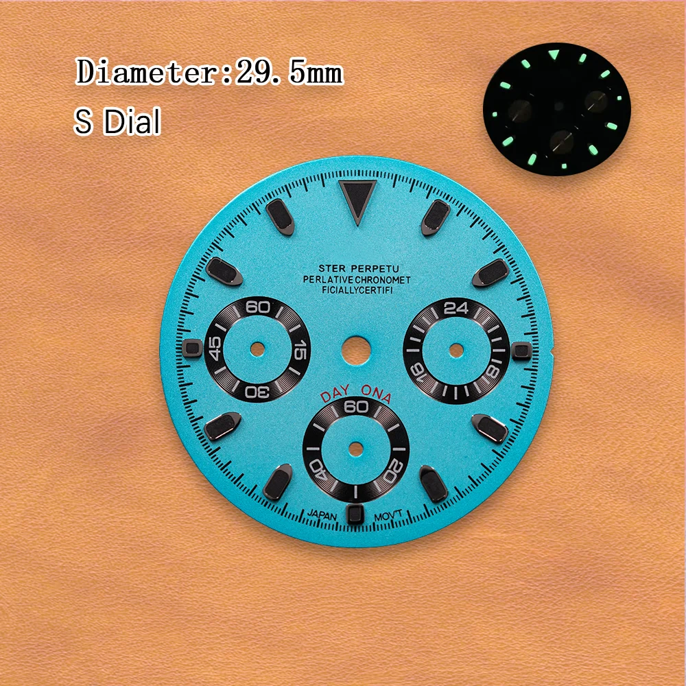 S Dial 29.5mm Blue panda dial VK63 Dial golden inner circle No Hands Movement Green Luminous Watch Modification Accessories