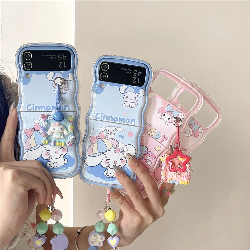 Wavy Phone Case For Samsung Galaxy Z Flip 4 5 3 Cute Lotso Hello Kitty Blue Cinnamoroll Sanrio Kuromi Edge Back Cover