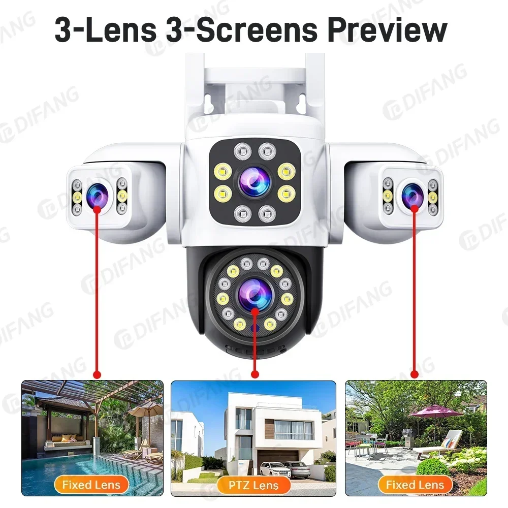 6K UHD WiFi Camera Three Lens Three Screen Video Surveillance PTZ Auto Tracking 12MP  Yoosee Wireless CCTV Security Camera