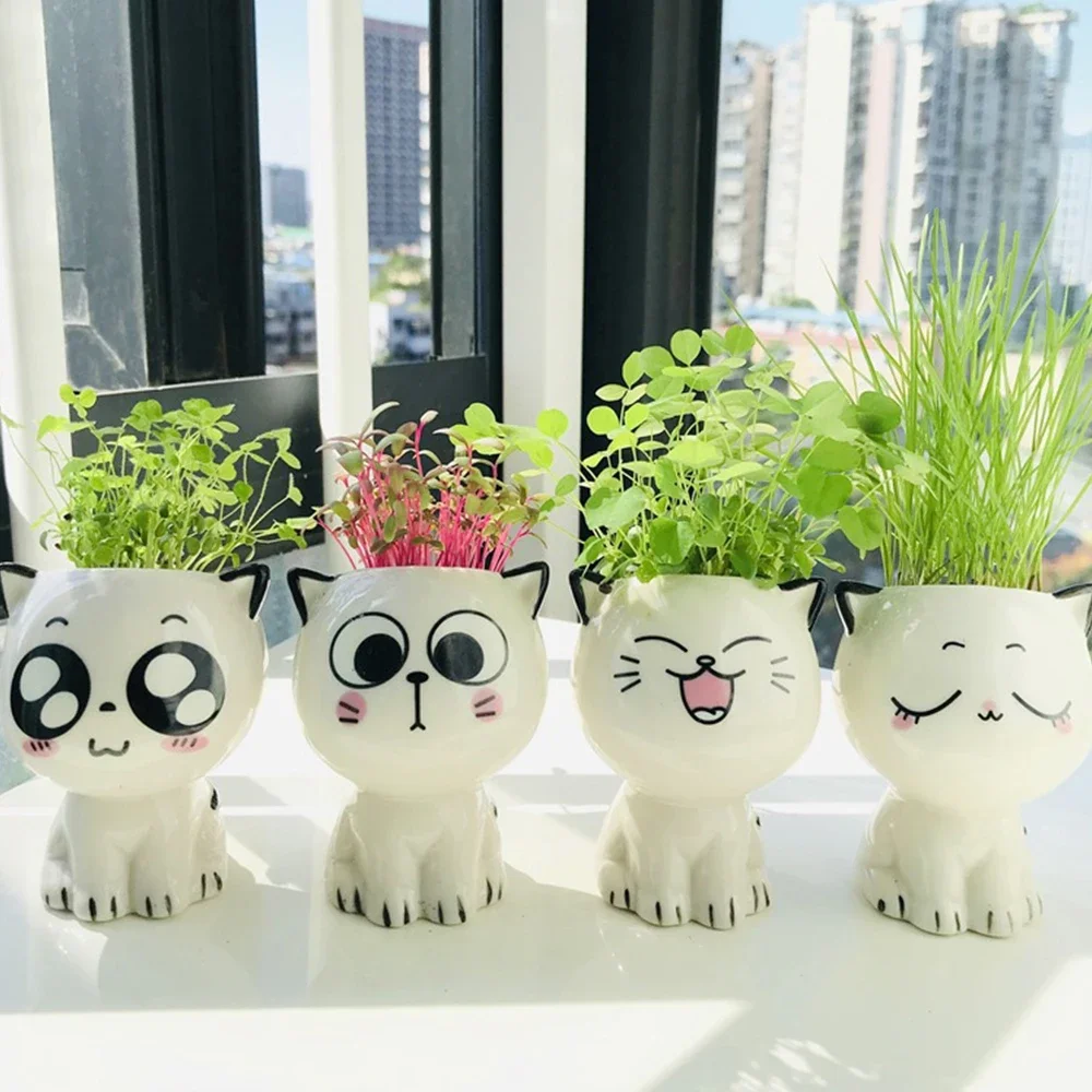 

2PC Ceramic Garden Pot Planters Cat Shaped Cartoon Potted Plant Desktop Potted Expression Flowerpots Desk Decorate Home Ornament