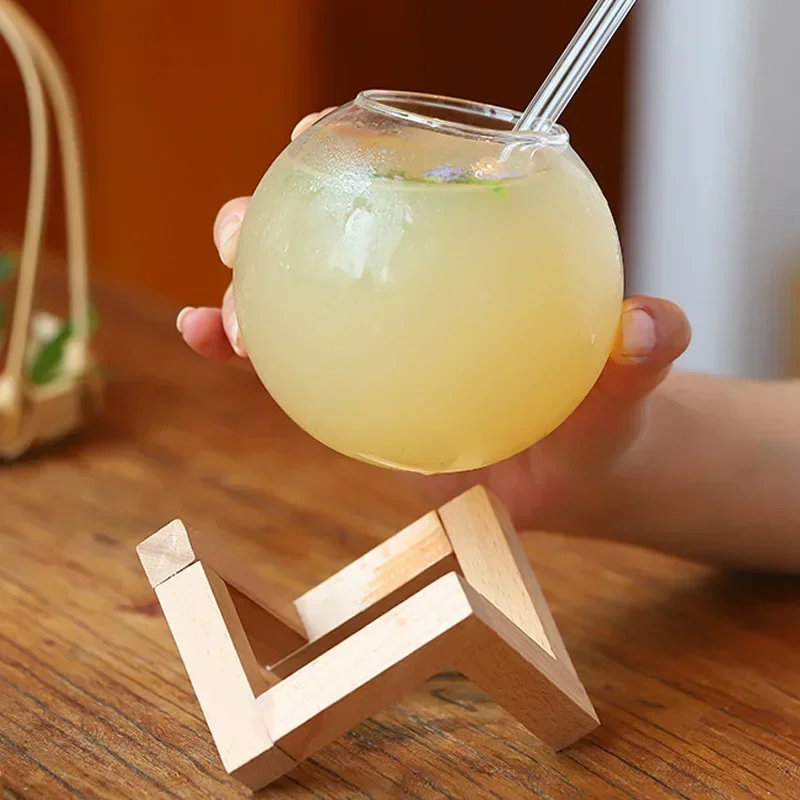 Trinken Sie Glasbecher mit Holzständer, kreative Mondrunde Form, Trinkbecher, Cocktailbecher, Smoothie, Obst, Mond, Saftbecher, transparent