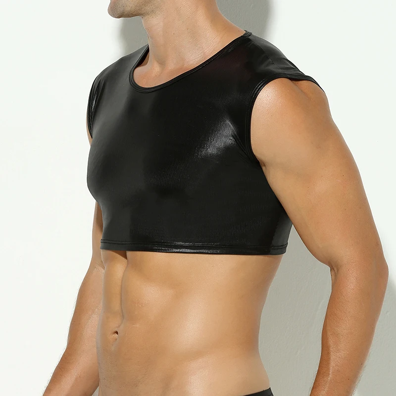 Sexy Men Chest Harness Undershirts Faux Leather Fitness Singlet Crop Tops Vest Gay Stage Costumes Sleeveless Shirts Tank Tops