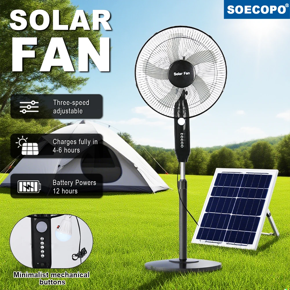 Portable 18000mAh Solar Charge Fan with Adjustable Speed 3 Levels 10H Runtime Emergency USB Charging Port And Night Light Home