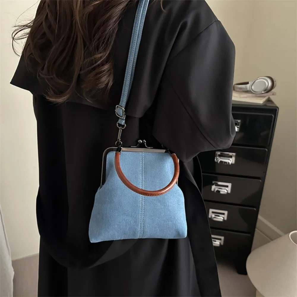 

Элегантная сумка через плечо с застежкой Kiss Lock, однотонная, большой вместимости, джинсового синего цвета, сумка-мессенджер, высокое качество