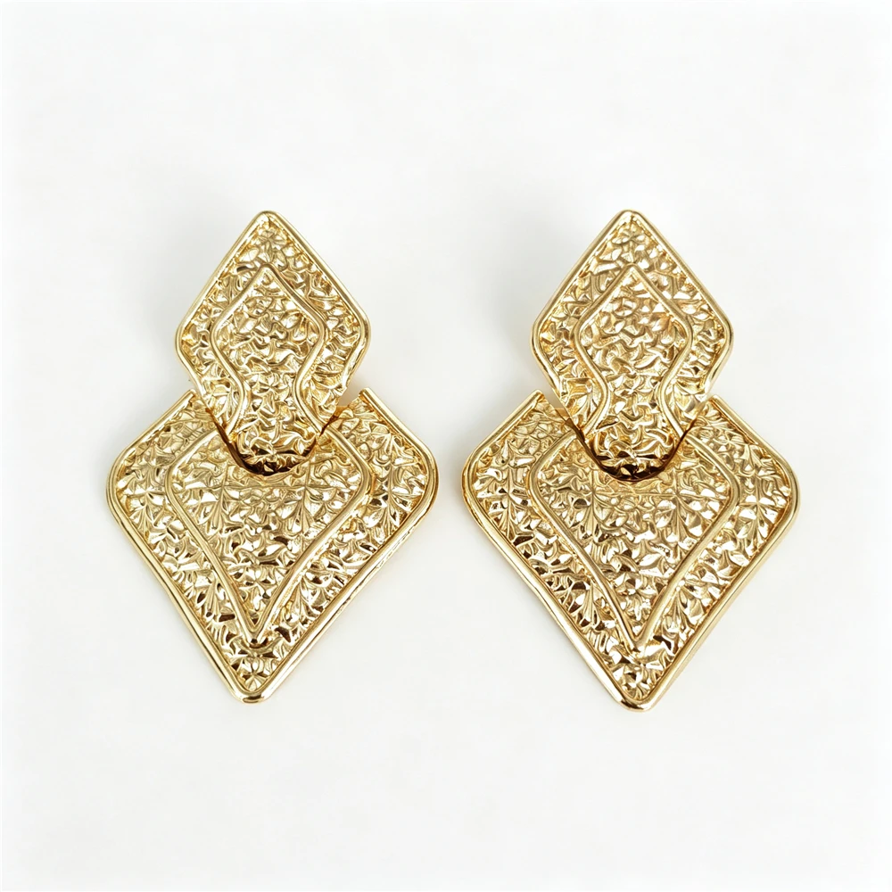 Indian Ethnic Vintage Golden Geometric Textured Double Rhombus Metal Earrings Women Boho Statement Drop Earrings Lady Jewelry