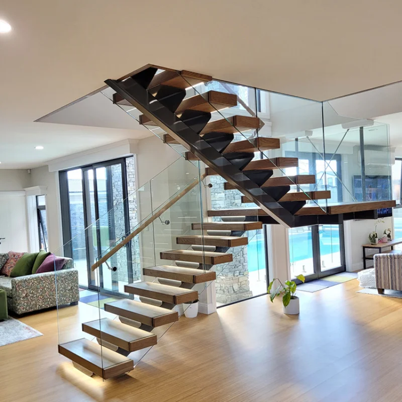 custom.Modern Design Interior Wooden Floating Stairs With Tempered Glass Railing Stairs