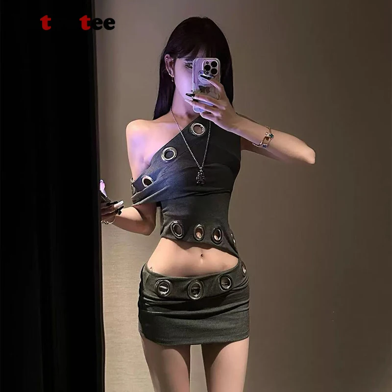 FOTVOTEE-vestido de verano Y2K Vintage falso, conjuntos de 2 piezas para mujer con hombros descubiertos, minivestido Sexy ajustado de cintura alta para fiesta