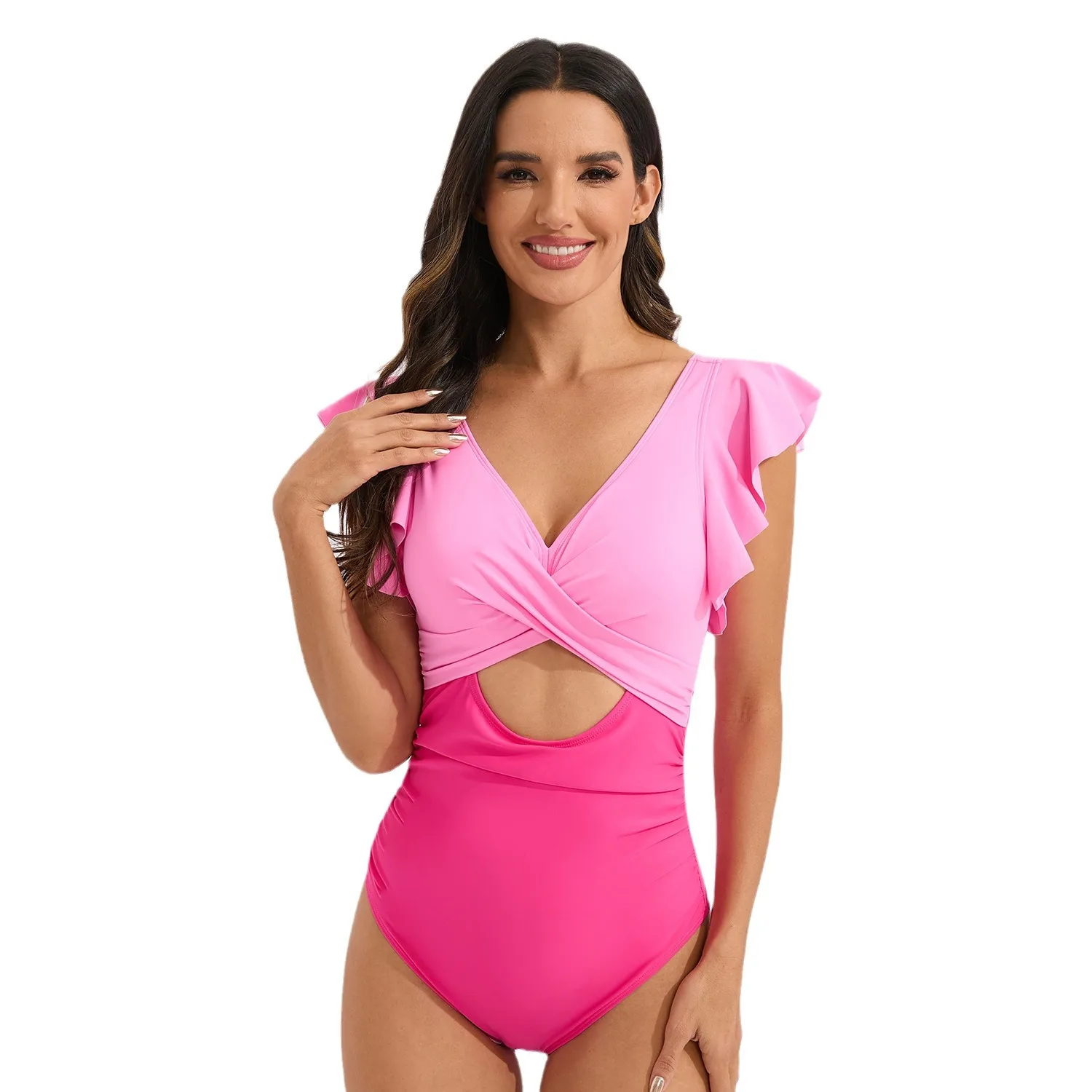 Traje de baño con volantes, traje de baño conservador de una pieza, pecho cruzado, hueco, traje de baño europeo y americano, bloqueado de color, sin espalda sw