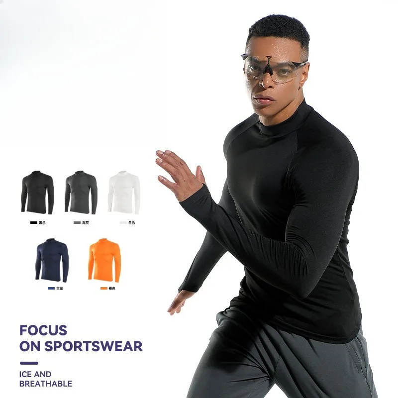 Mens Quick Dry High Neck Long Sleeve Running Shirt Thermal Compression Workout Top