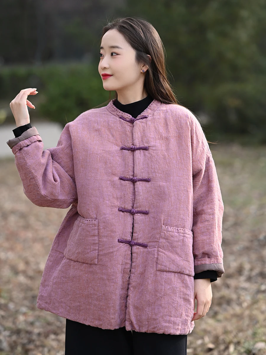 

Новая женская куртка 2025 года из хлопково-льняной смеси с наполнителем, теплая, однотонная, с вставками из тканого льна, хлопковое пальто в этническом стиле, с длинными рукавами