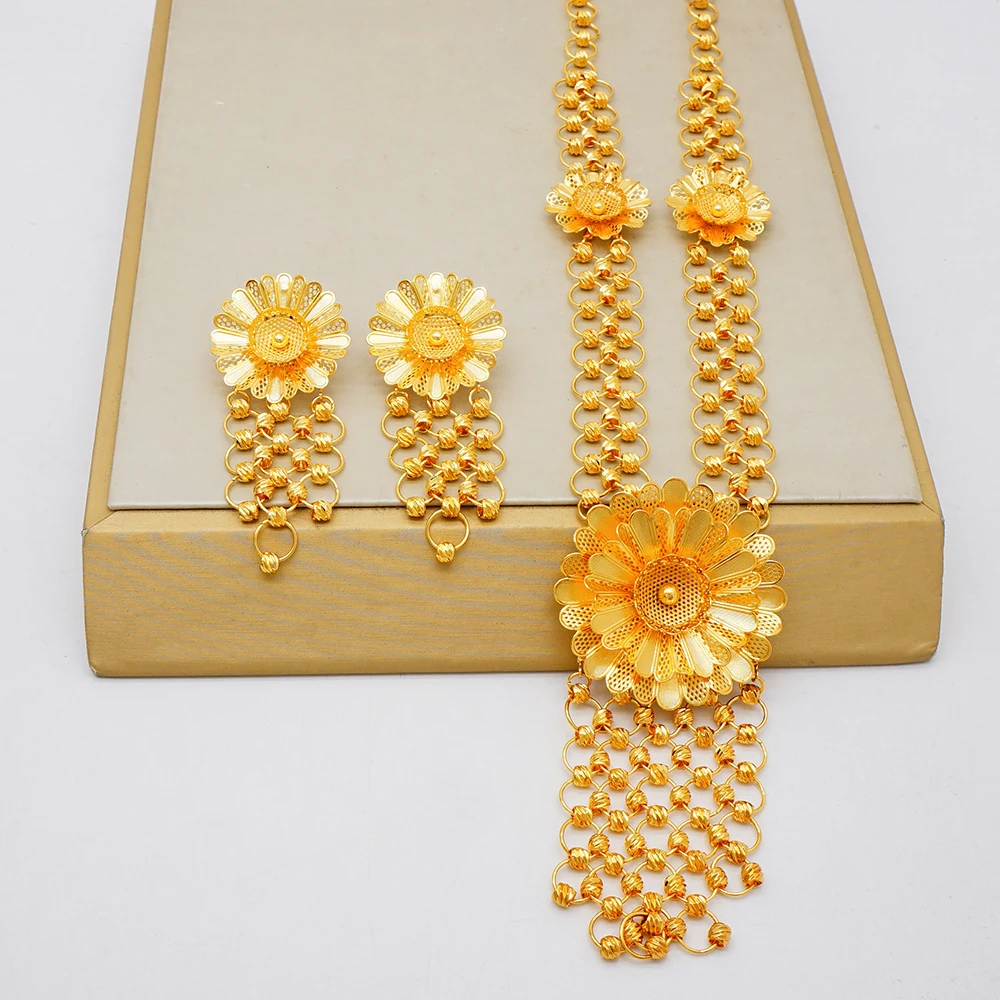 GDJWRI Ethiopian Fashion Gold Color Long Chain Necklace Earrings Sets For Women African Wedding Arab Bridal Dubai Jewelry Gifts