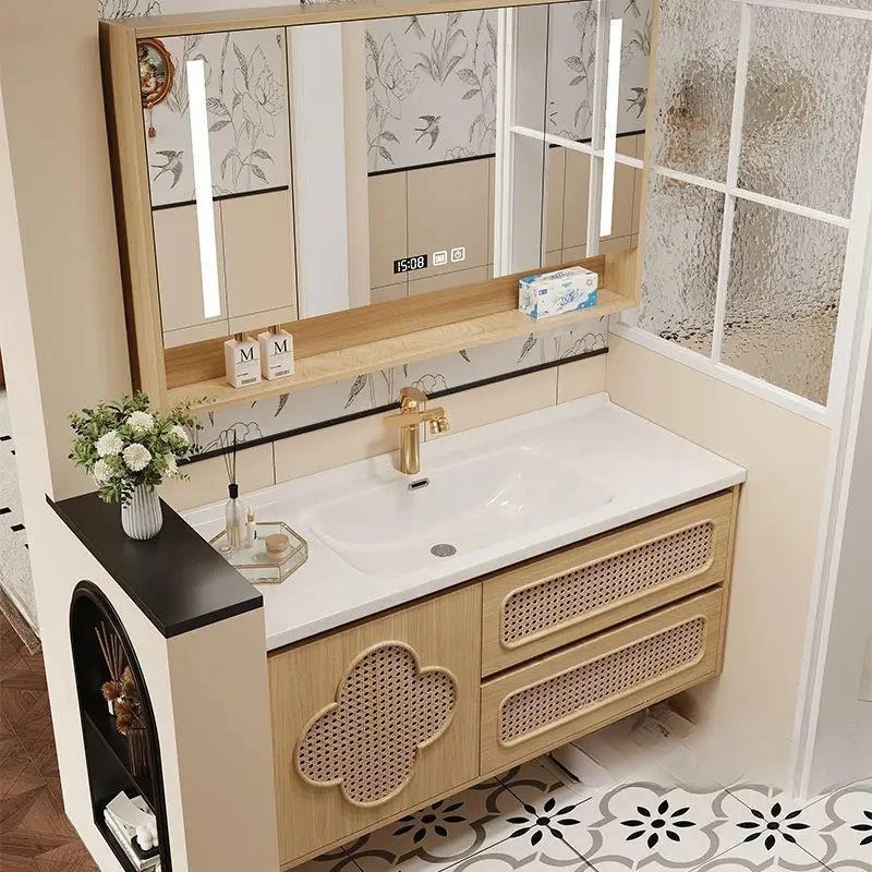 Log color oak rattan baking paint bathroom cabinet combination face wash ceramic integrated basin