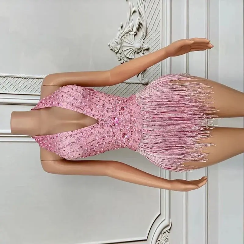 

Club Jumpsuit Carnival Pink Pearl Bodysuit Women Sexy Gogo Dancer Nightclub Bar Party Rave Wear Clubwear Burning Man Outfits