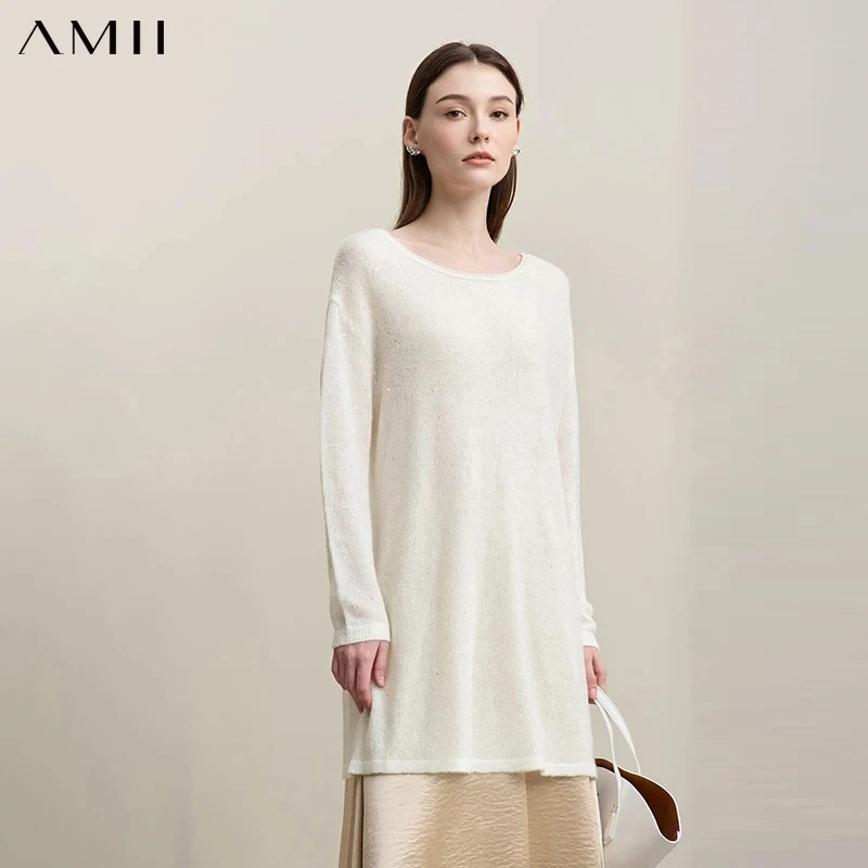 AMII Women's Autumn Knitted Sweater 2026 New Fashionable Round Neck Solid Off Shoulder Fasten Belt Daily Casual Top 12621054