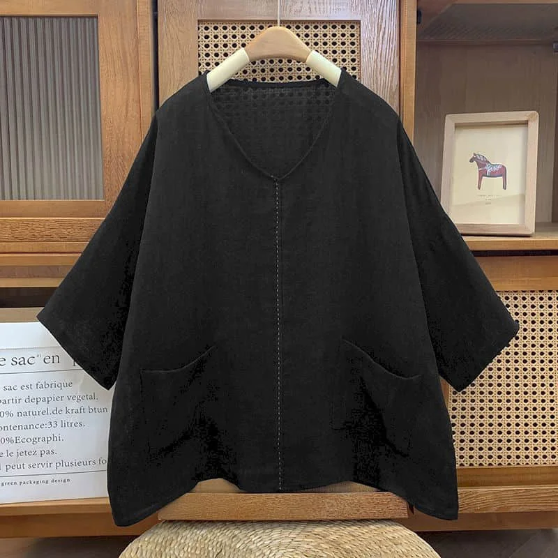 

Literary T-shirts for Women Harajuku Solid Shirts Oversized Casual Korean Style Half Sleeve V-neck Aesthetic Vintage Clothes