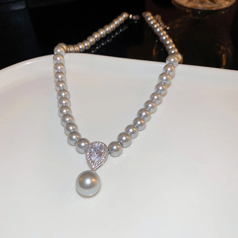 Grey White Pearl Zircon Pendant Water Drop Rhinestone Necklace Vintage Natural Large Pearl Sweater Chain High-end Simple Jewelry