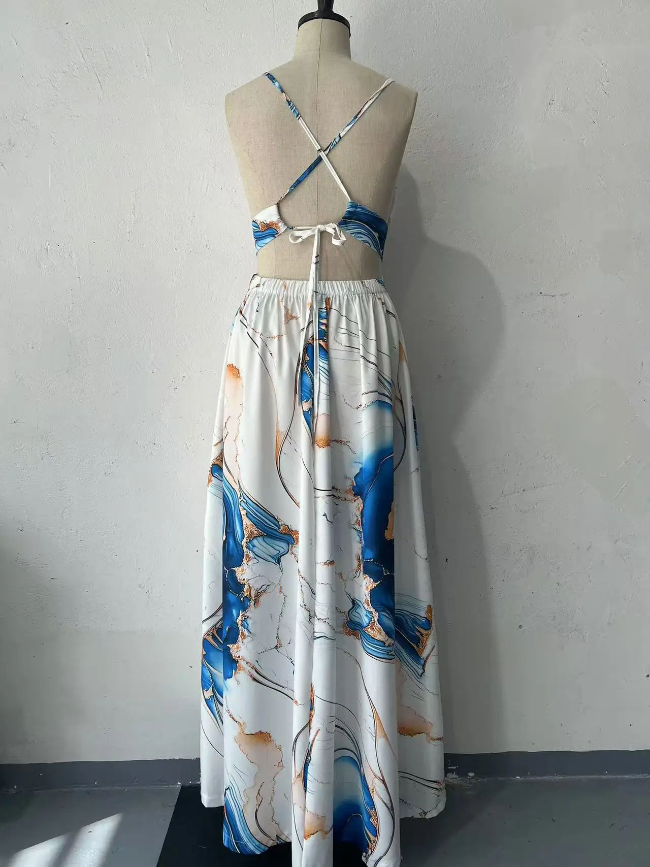 Dress Women Floor Length Dresses Long V Neck Sleeveless Sexy Print Elegant Maxi Hollow Out High Waist Party Beach Vestidos