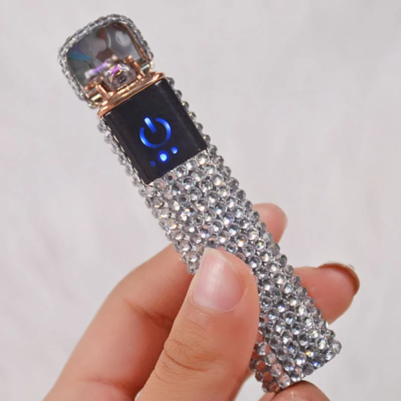 USB Rechargeable Lighter Beautiful Rhinestone Lighter Double Arc Cigarette Lighter Ladies Smoking Lighter Send Girl Special Gift